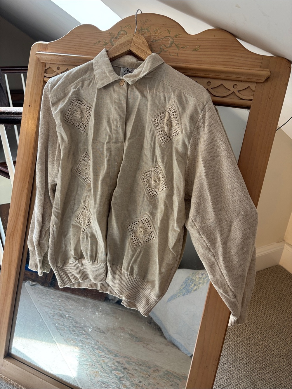 Women’s Beige Crochet Detail Button-Up Sweater Jacket